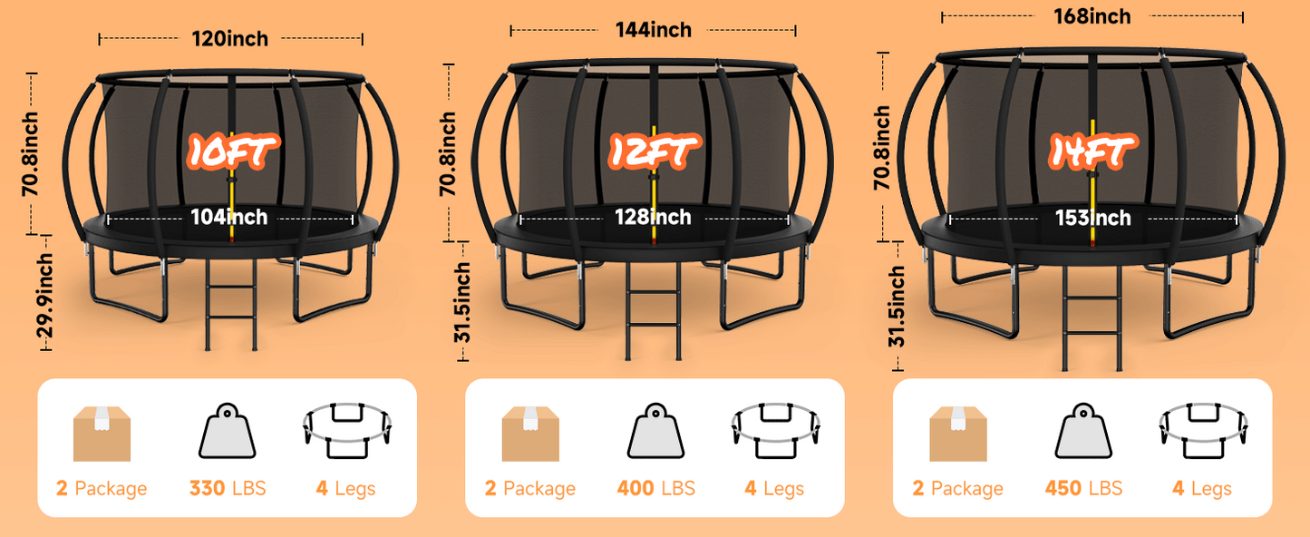 10FT 12FT 14FT  Outdoor Trampoline with Enclosure Net, Heavy Duty Yard Trampolines, ASTM Approval Recreational Trampolines for Kids and Adults