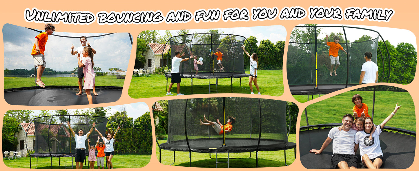 10FT 12FT 14FT  Outdoor Trampoline with Enclosure Net, Heavy Duty Yard Trampolines, ASTM Approval Recreational Trampolines for Kids and Adults