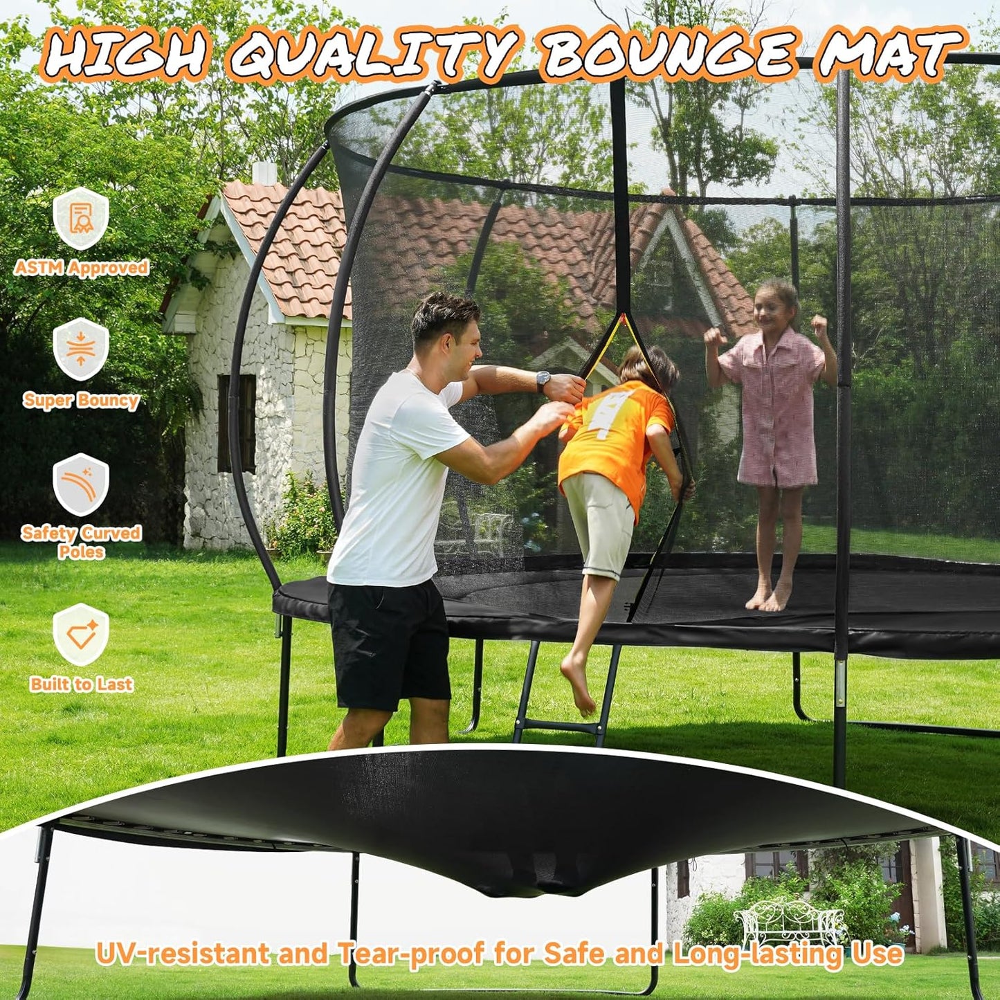 10FT 12FT 14FT  Outdoor Trampoline with Enclosure Net, Heavy Duty Yard Trampolines, ASTM Approval Recreational Trampolines for Kids and Adults