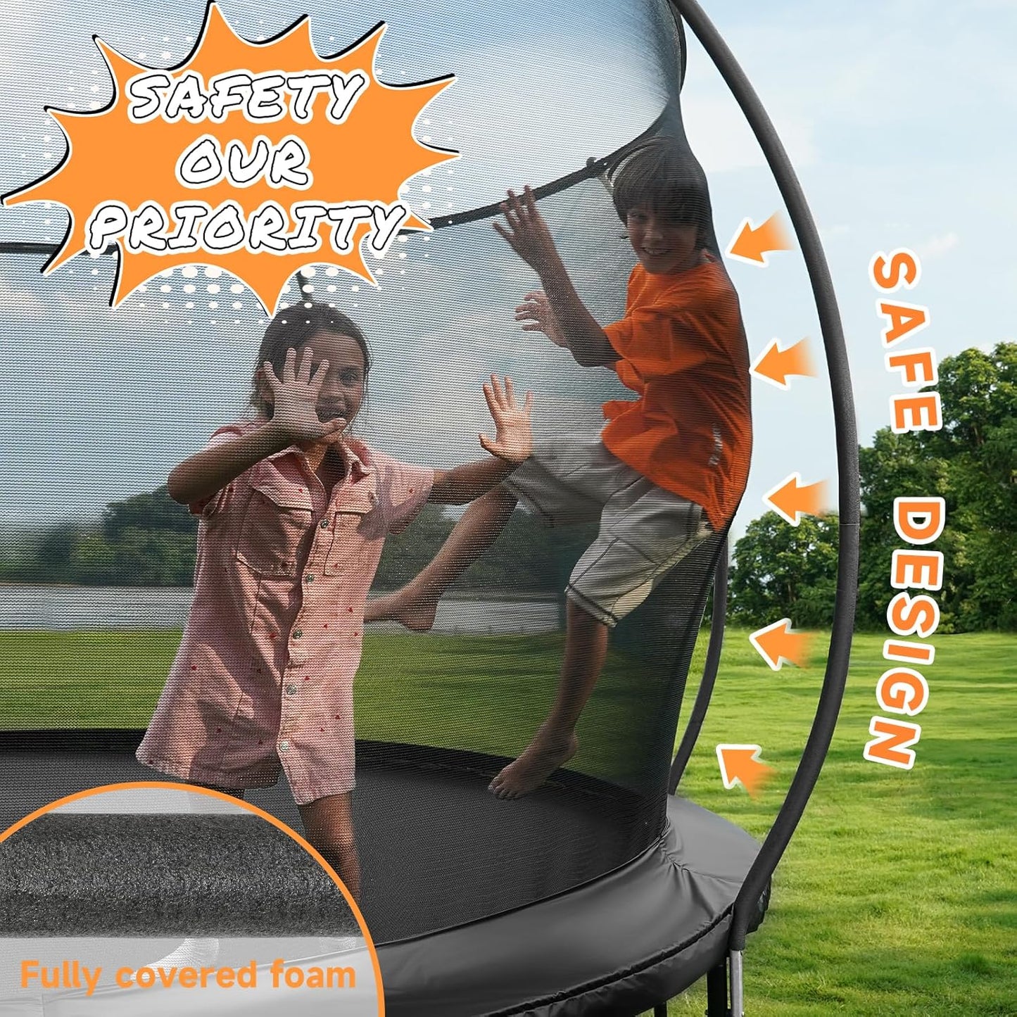 10FT 12FT 14FT  Outdoor Trampoline with Enclosure Net, Heavy Duty Yard Trampolines, ASTM Approval Recreational Trampolines for Kids and Adults