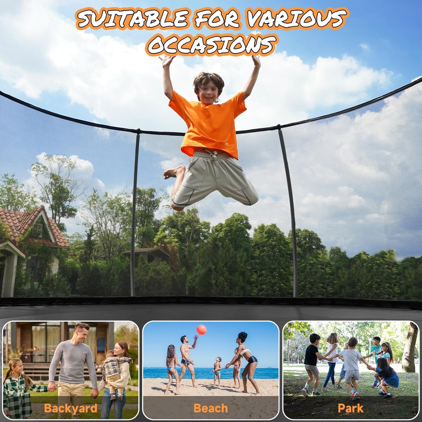 10FT 12FT 14FT  Outdoor Trampoline with Enclosure Net, Heavy Duty Yard Trampolines, ASTM Approval Recreational Trampolines for Kids and Adults