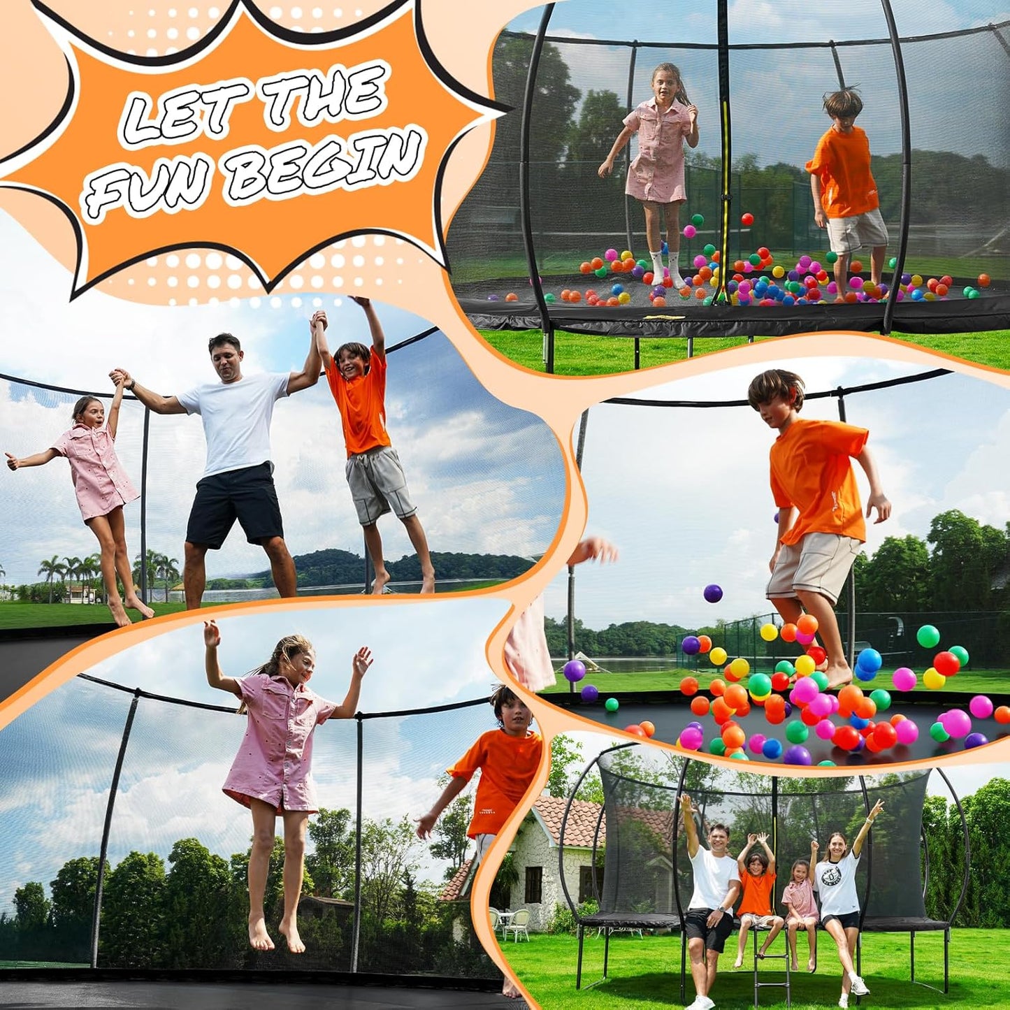 10FT 12FT 14FT  Outdoor Trampoline with Enclosure Net, Heavy Duty Yard Trampolines, ASTM Approval Recreational Trampolines for Kids and Adults