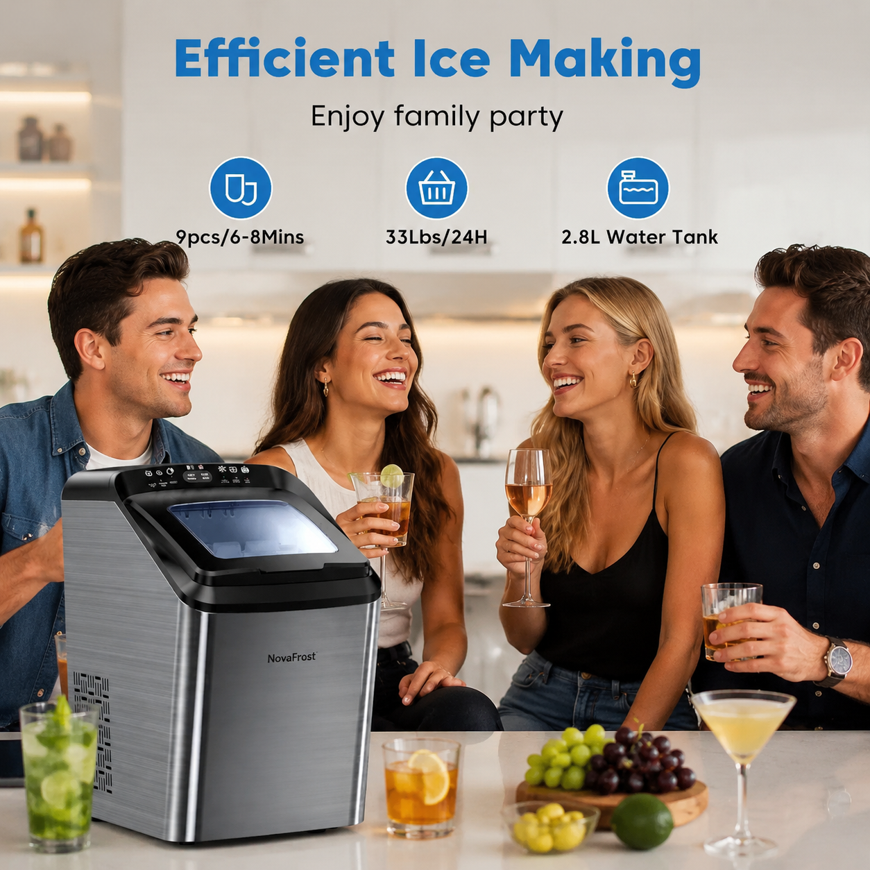 Bullet Ice Maker: 9 Pcs, Self-Cleaning, 7-Min Ice, 2 Sizes